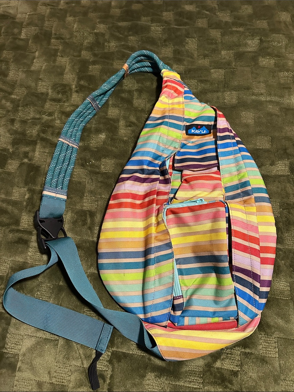 Kavu Multicolor Striped Sling Bag with Teal Strap